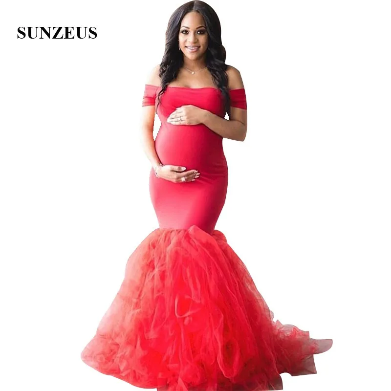 

Red Mermaid Evening Gowns Off Shoulder Boat Neck Pregnant Formal Dress Long Maternity Party Robe