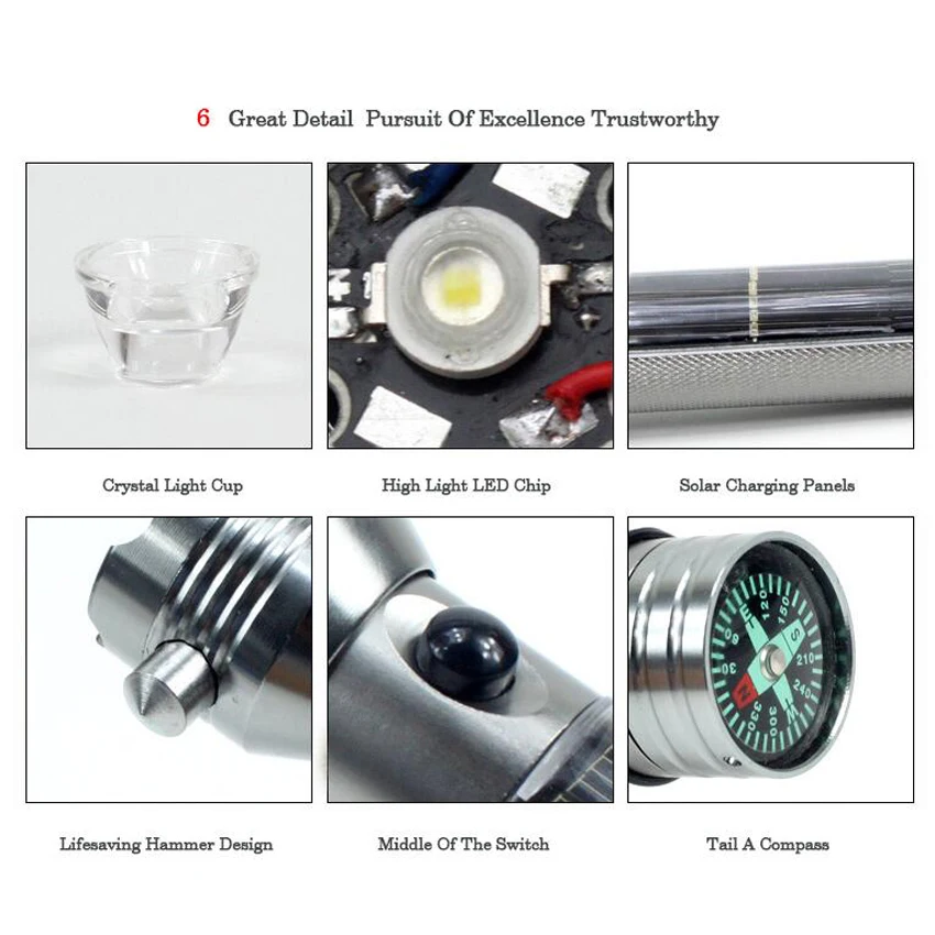

Self-defense LED Flashlight Car Charger Multi-function LED Torchlight Safety Hammer Solar Power Torch Life-saving Hammer Light