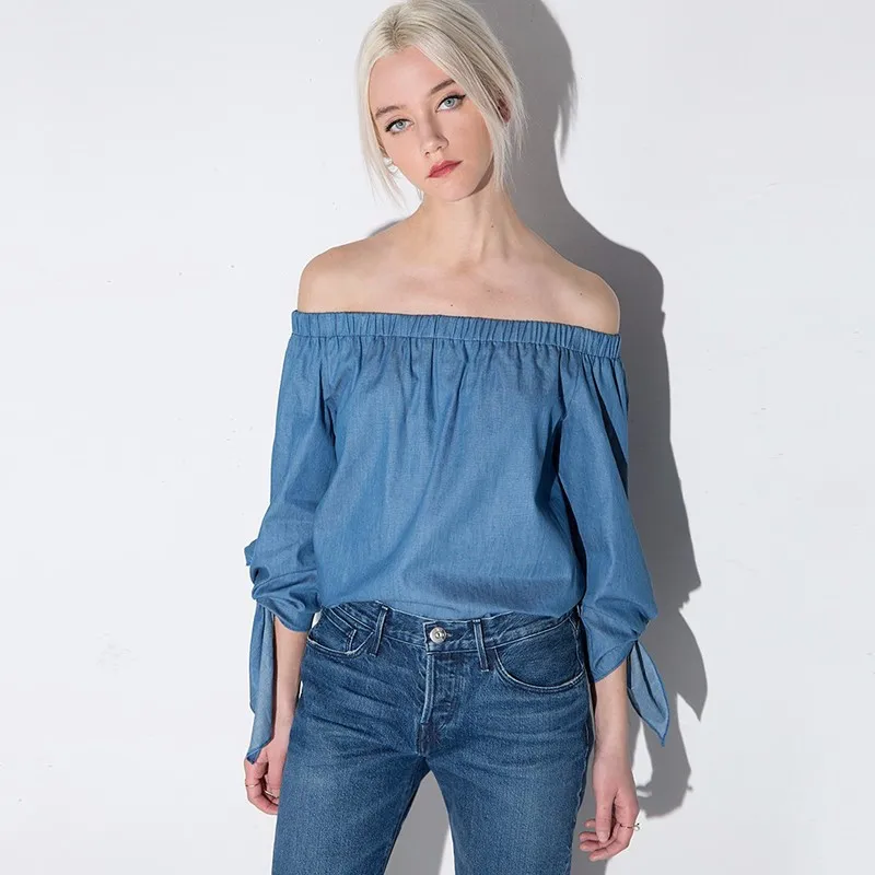 Новая Мода 2016 Женщин С Плеча Сексуальная Slash Шеи Твердые Блузки Рубашки