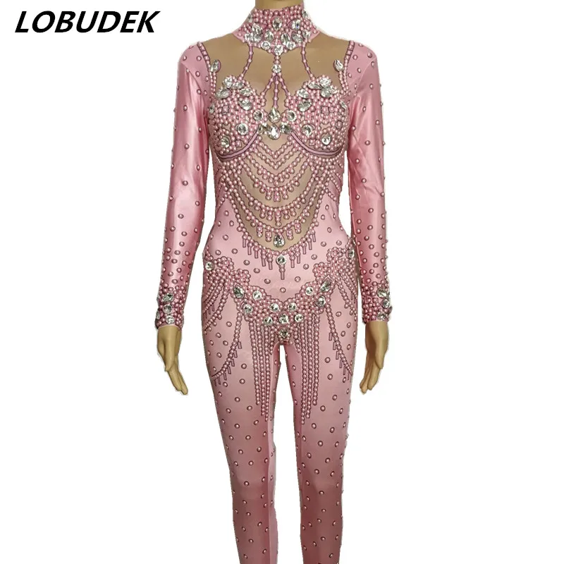 pink crystals sexy rhinestones Jumpsuits Female costumes performance show Leotard Singer Dance Nightclub stage bar slim star