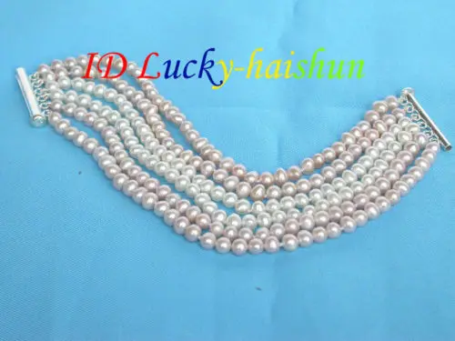 

Selling Jewelry>>> Genuine 6row round white pink pearl bracelet 925sc clas j6909