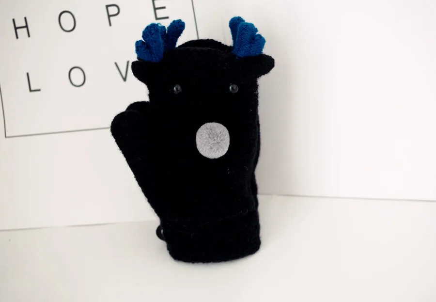 Black Новые детские перчатки с круглым вырезом и рисунком оленя из мультфильма, утепленные шерстяные детские варежки, зимние теплые перчатки для мальчиков и девочек 2-8 лет - Цвет: Black