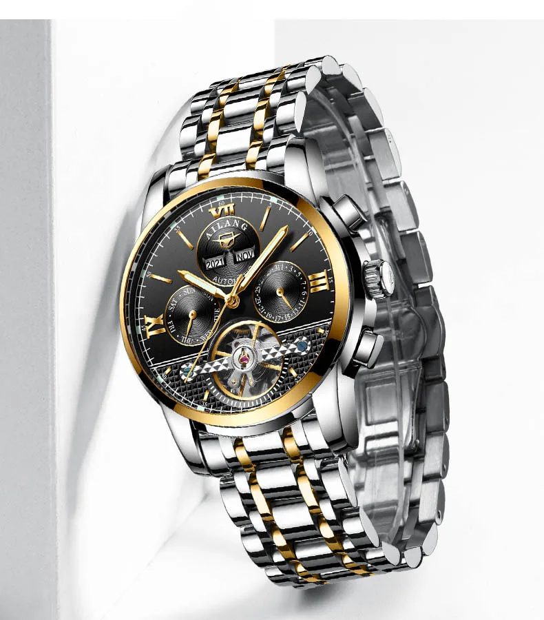 AILANG Мужские механические часы automatic Tourbillon наручные часы бизнес кожа месяц календарь Reloj спортивные часы Montre Homme