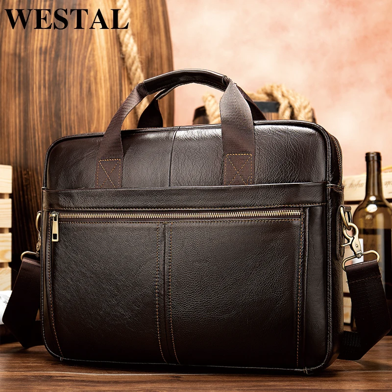 

WESTAL briefcase messenger bag men's genuine leather 14'' laptop bag men's briefcases office business tote for document 8572