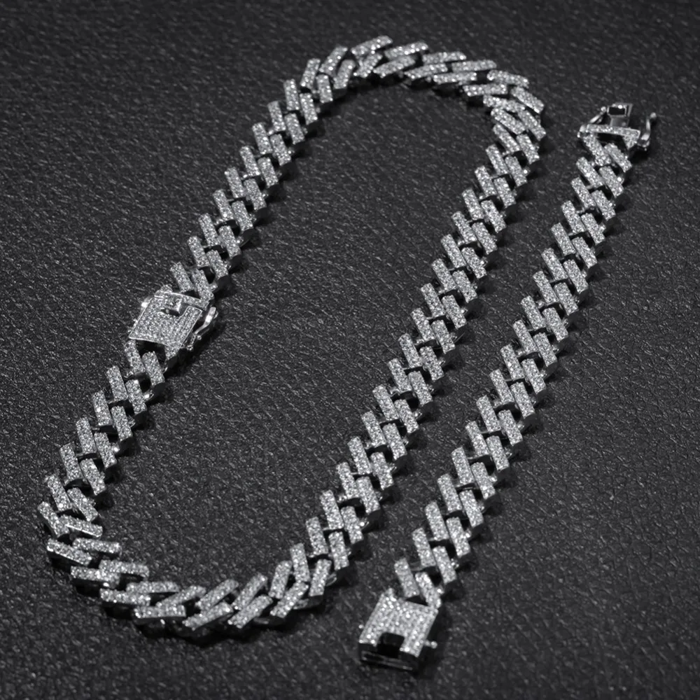 BLING KING NE+ BA модные ювелирные изделия ожерелья и браслеты 15 мм Мода Iced Out 2 ряда зубцов кубинские звенья цепи для мужчин и женщин - Окраска металла: silver set
