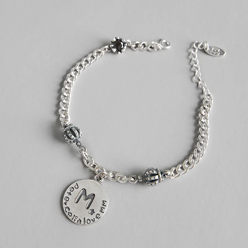 

Korean style S925 pure silver vintage handmade crown chain Coin Letter Bangle women's bracelet student chain ornaments