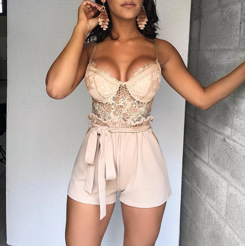 

Spaghetti Strap Eyelash Lace Insert Rompers Sexy Jumpsuit for Women 2019 Belted Low Cut Rompers Hollow out lace overalls femme