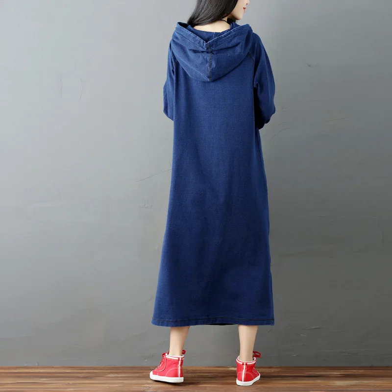 Осень зима 2017 однотонное женское джинсовое платье милое с длинным рукавом