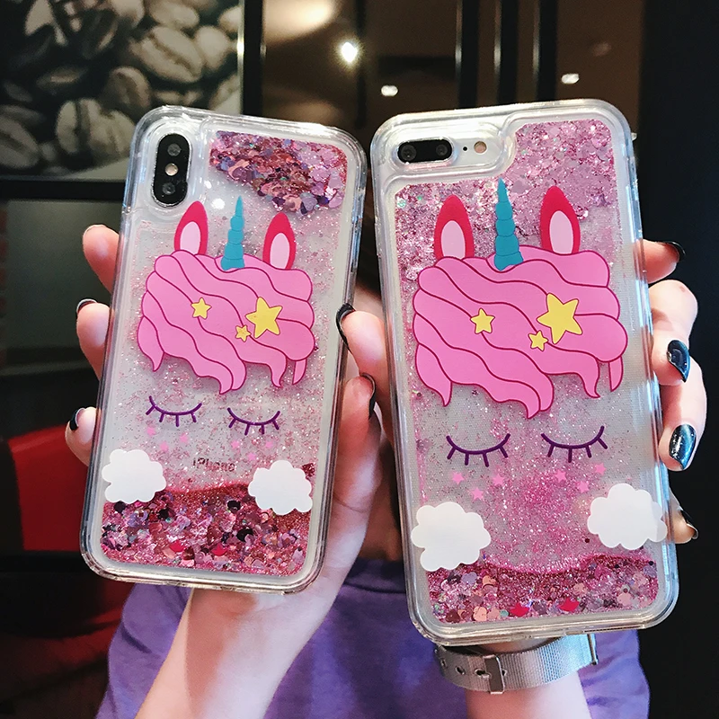 Модный мягкий ТПУ чехол накладка с розовым единорогом и жидким песком для iPhone 6 6S 7