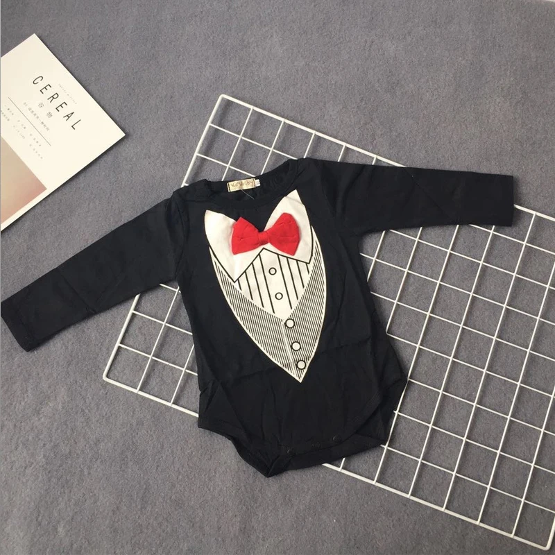 Lemonmiyu Baby Rompers Solid Tie Cotton O-Neck Tops Long Sleeve For Gentleman Children Covered Button Cartoon Pants 2018 |