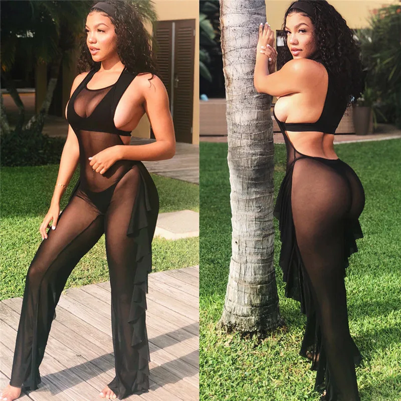 Для женщин Сексуальная See Through Jumsuit Клубная одежда плюс Размеры спинки халтер вечерние комбинезон плиссированные оборки длинные брюки