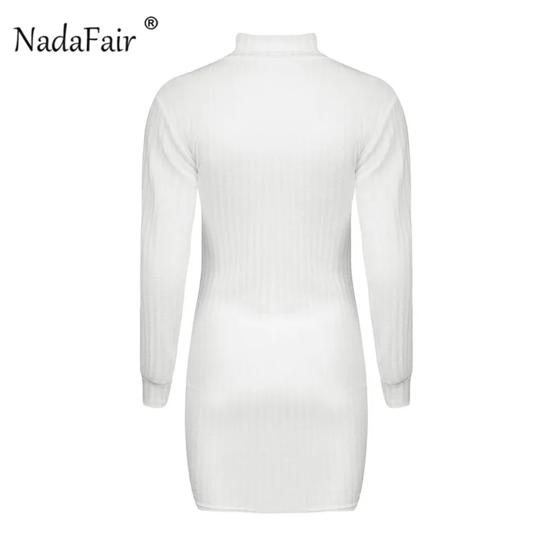 Зимнее женское платье Nadafair, водолазка, длинный рукав, трикотажное, облегающее платье, однотонное, сексуальное, мини, осеннее платье, женское, белое, черное платье