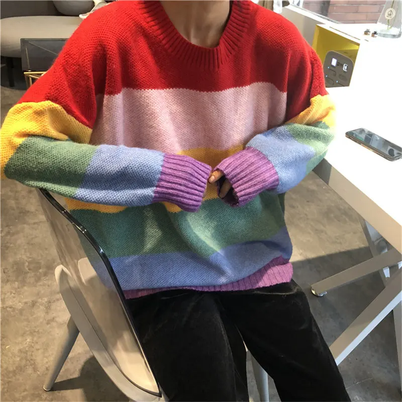 Woherb, Осенний Радужный женский свитер Harajuku, джемпер в полоску, пуловеры больших размеров, свитера в Корейском стиле, винтажная вязаная одежда 20585