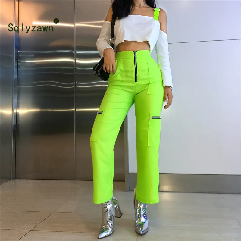 Женские свободные брюки карго с карманами на молнии неоново зеленые высокой