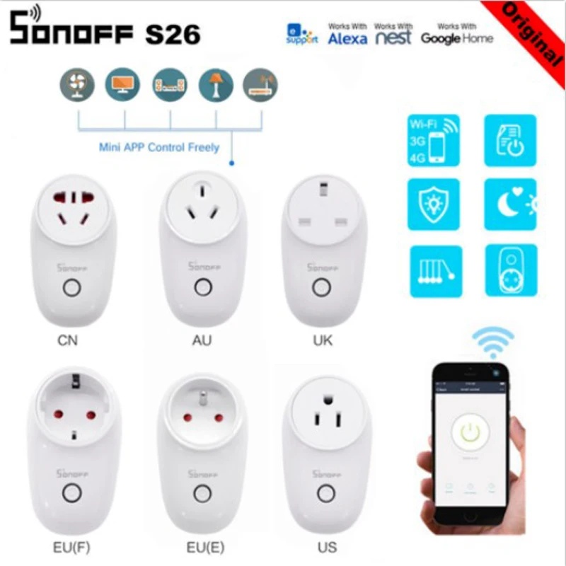 Sonoff S26 US/UK/AU/EU WiFi умная розетка Беспроводная розетка умный дом переключатель для Amazon Alexa Google Assistant