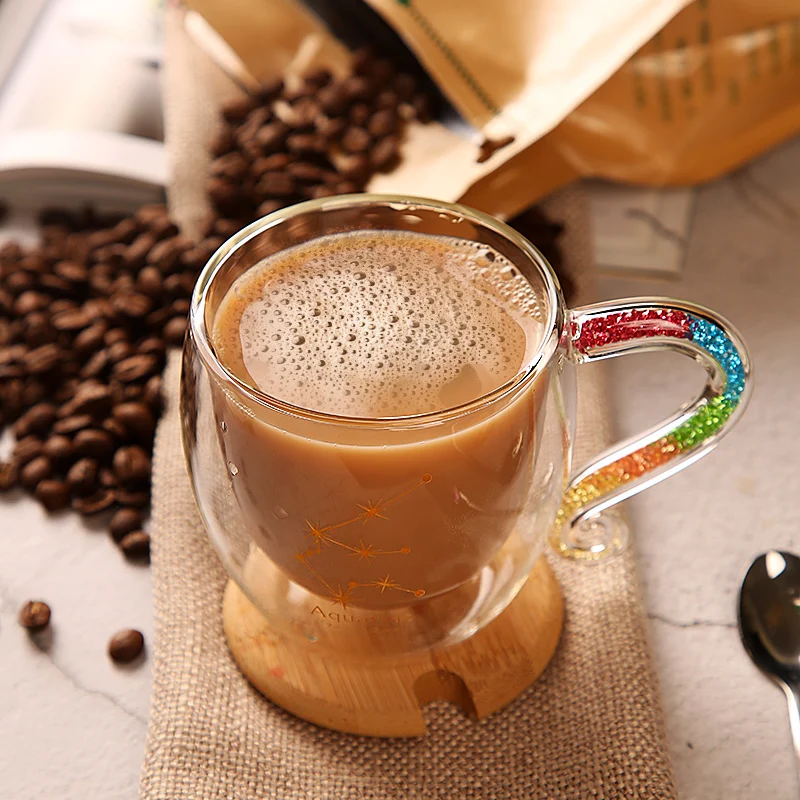 Кофейная чашка с цветной бриллиантовой ручкой двухслойная стеклянная