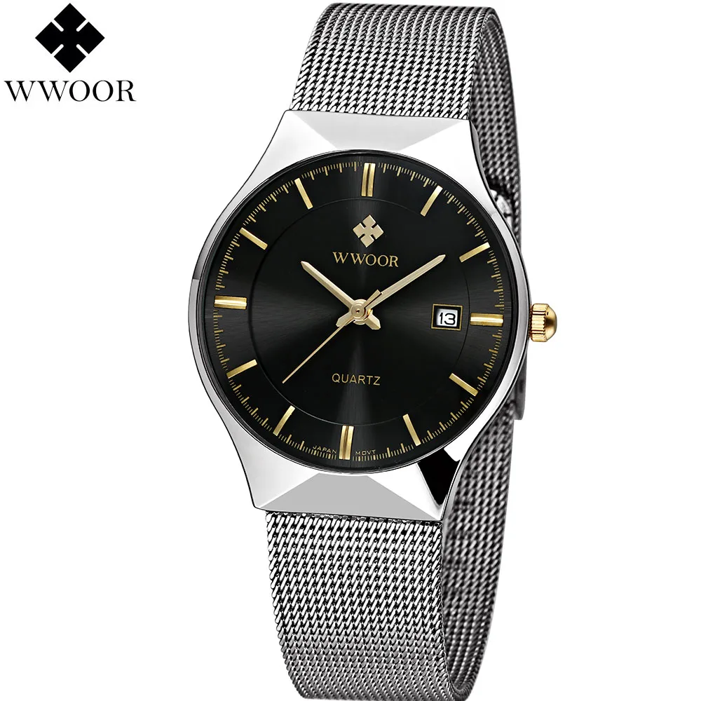 Черный Новая Мода топ luxury brand WWOOR часы мужские кварцевые часы из нержавеющей стали сетка ремешок ультра тонкий циферблат часы relogio masculino - Цвет: Черный