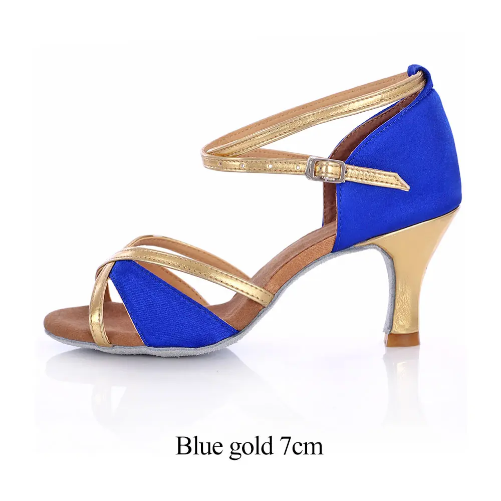 Blue gold 7cm Для женщин Латинской сальсы; Обувь для танцев 4 цвета Атлас мягкая подошва женщина/женские бальные танго вечерние танцевальные туфли на высоком каблуке, 5/7 см; ; Прямая поставка; - Цвет: Blue gold 7cm
