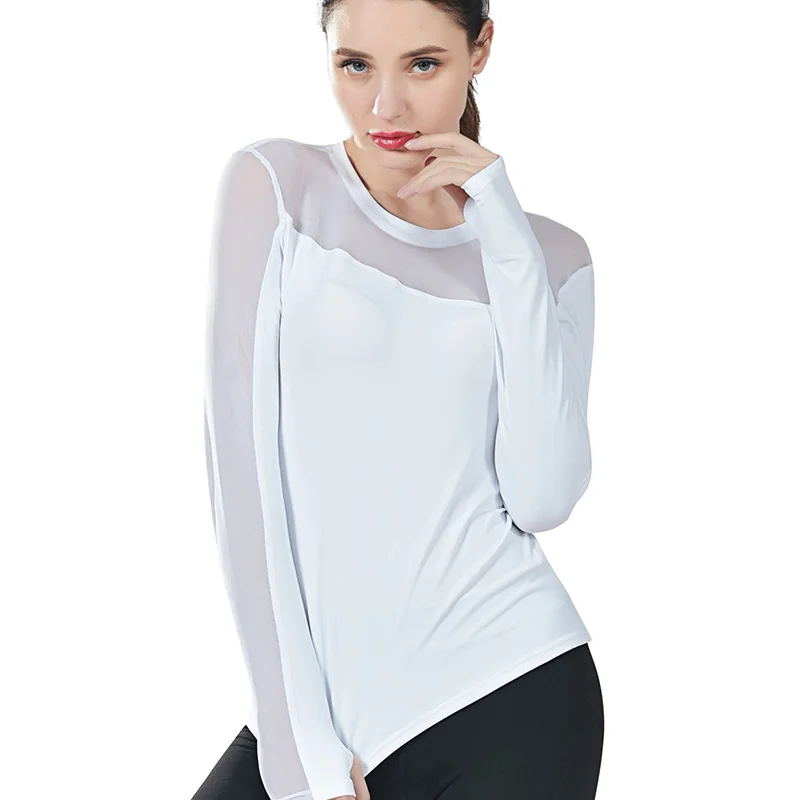 Хит женские топы однотонные с длинными рукавами сетка быстросохнущая эластичная