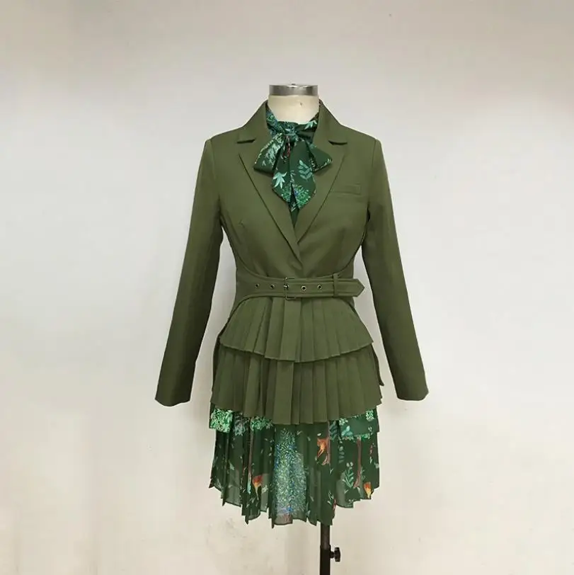 blazer dress sets Высококачественный складчатый блейзер+ Плиссированное Платье с принтом; комплект из двух предметов; женская верхняя одежда зеленого цвета с длинными рукавами и поясом; Прямая поставка; wq1424 - Цвет: blazer dress sets