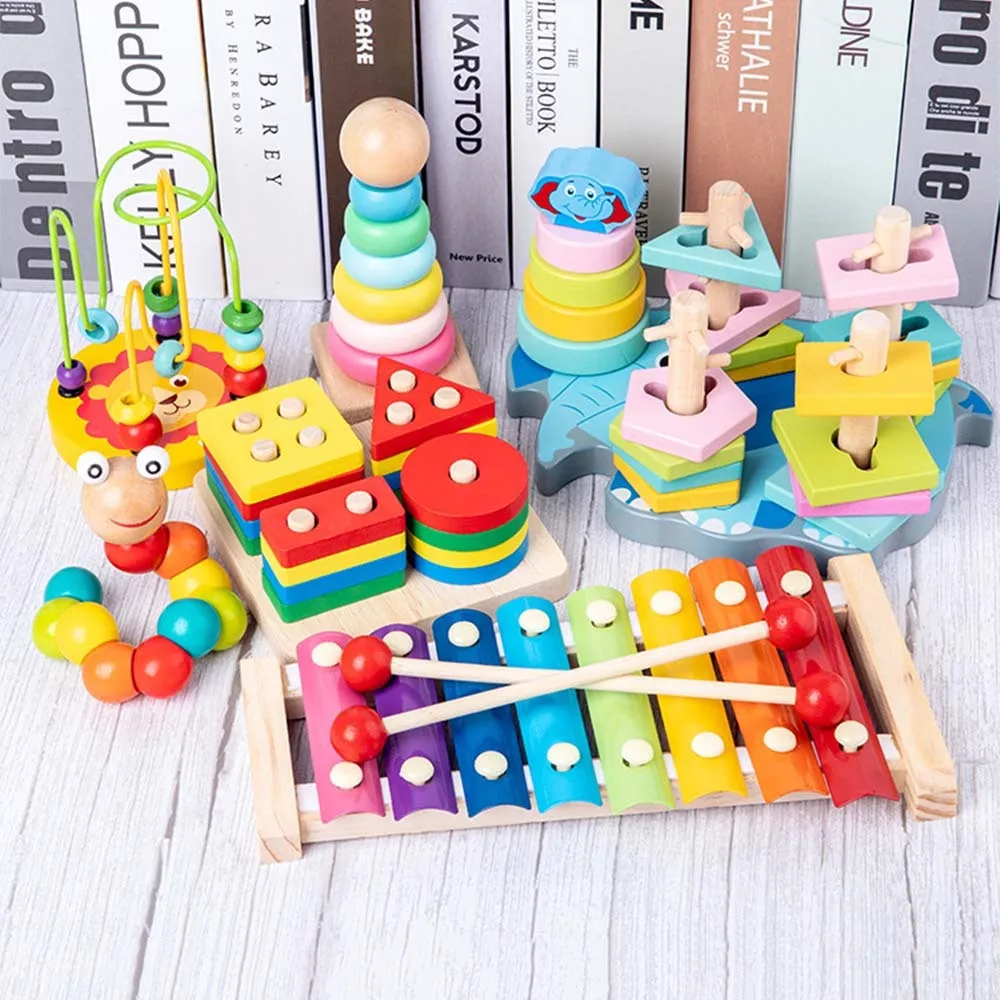 Набор детских деревянных строительных блоков развивающие игрушки с бусинами и