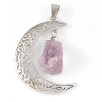 trendy beads unique design silver plated irregular shape natural amethysts half moon pendant charm stone jewelry