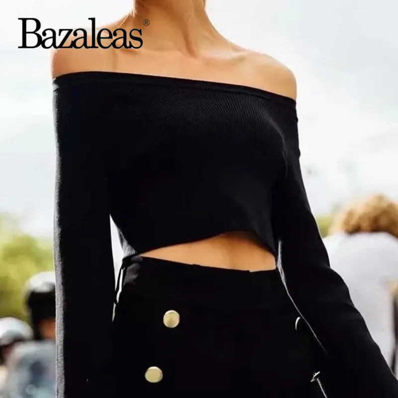 Bazaleas Ретро Lonf с расклешенными рукавами женская футболка модный вязаный кроп Топ
