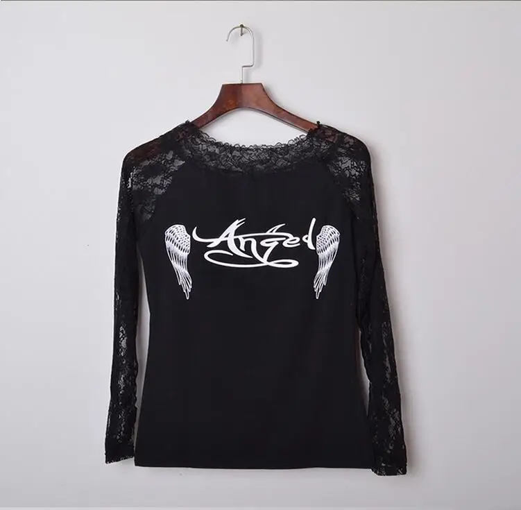 Женская Кружевная футболка с принтом Крылья Ангела осень 2016 сексуальные топы