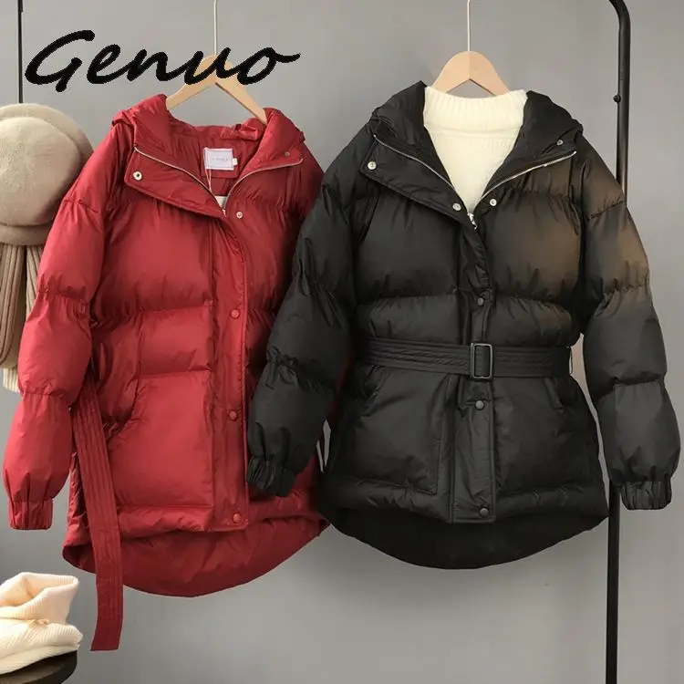 Genuo New Three Color Solid Women Parkas Hooded Zipper Single Breasted Coat Winter Thick Korean Fashion Sashes Jacket