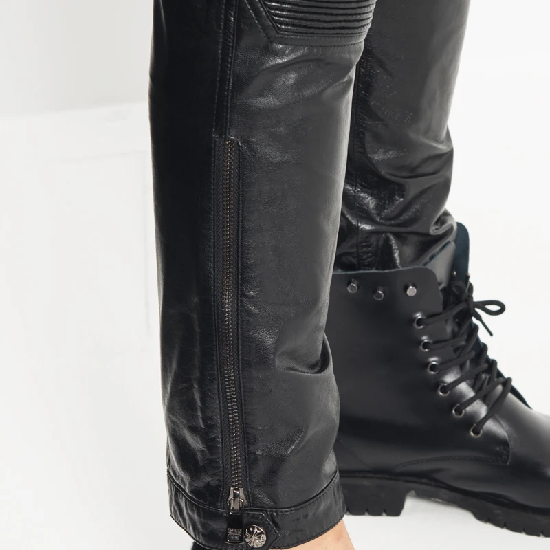Мужские кожаные брюки байкерские в стиле панк рок тонкие из овчины WZS004|men leather