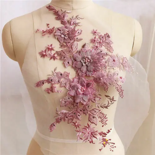 Pink 2 41CM X 26CM Lace Flower 3D Embroidery Flower Bridal Lace Applique Pearl Beaded Tulle Wedding Dress Embroidery Broderie DIY - Цвет: Pink 2