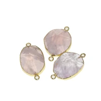 natural rose crystal quartz pendant for necklace pink big gold bezel 2 loops face jewelry slab stone slice connector for women
