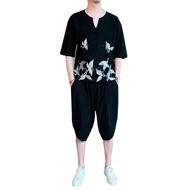 Sinicism Store Мужской комплект повседневный костюм хлопковая льняная футболка