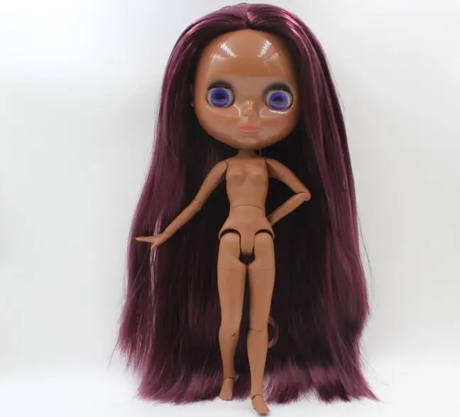 Кукла телесного цвета супер темная кожа темно фиолетовые длинные прямые
