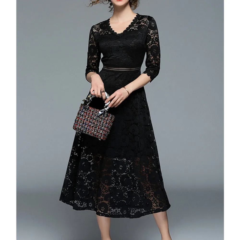 Summer Dress 2018 Women Fashion Slim Black Green V Neck Sleeves Lace Hollow Long Dresses vestedido | Женская одежда