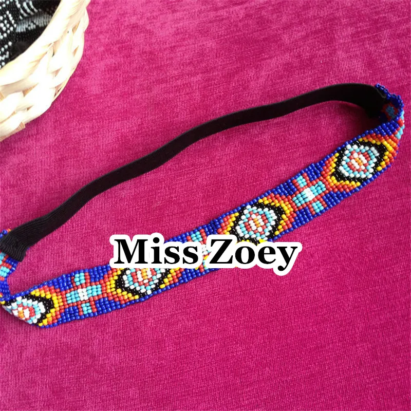AHO024(1) 2.5cm Wide Blue/White Mexico Indian Style Totem Beaded Handmade Hemp Hippy Boho Woven Adjustable Headband For Women | Украшения и