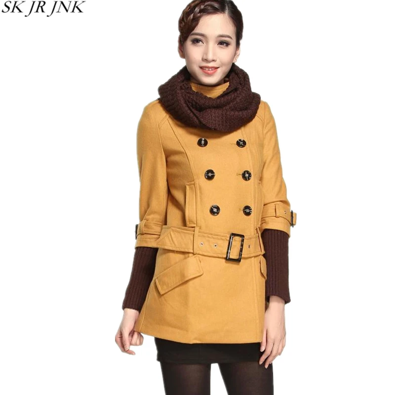 Шить теплая Кнопка регулируемый пояс Тонкий шерстяной пальто 2017 Зима плюс