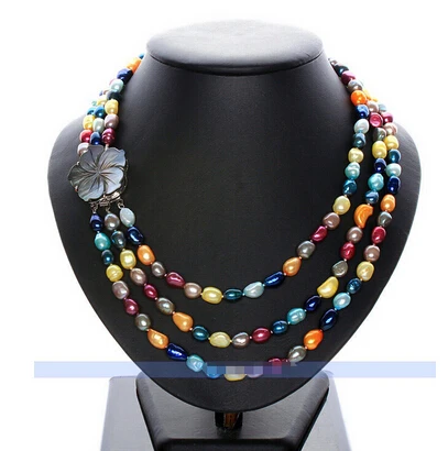 

free shipping 3 Strands Natural Multicolor Pearl Necklace