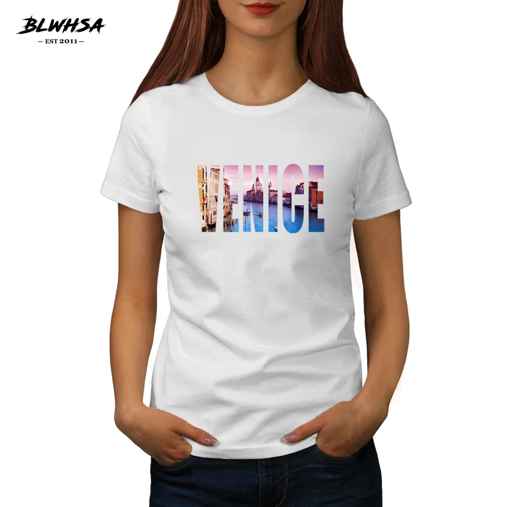

BLWHSA New Venice T Shirt Women Italy City Of Venice Cotton White Shirt Letter Printing Fashion Femmes tshirt Women's Tops Tees