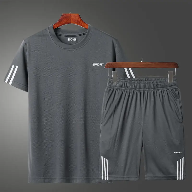 Gray Set Новинка, беговые костюмы, Спортивная футболка для спортзала, Мужская футболка с коротким рукавом для бега+ короткие штаны, быстросохнущая футболка для бодибилдинга, топ, футболка для футбола - Цвет: Gray Set