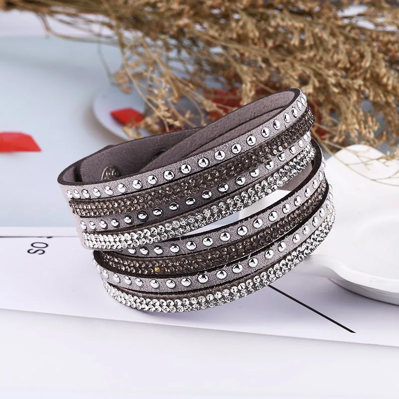 Grey Bracelet HOCOLE модные Очаровательные кожаные браслеты со стразами для женщин обёрточная бумага Многослойные Стразы браслет Женская мода ювелирные изделия свадебный подарок - Окраска металла: Grey Bracelet