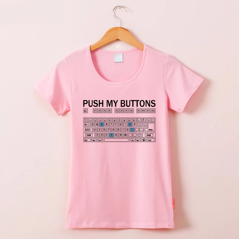 Забавная Футболка с принтом «Push My Buttons», женские летние топы, повседневные футболки из хлопка с круглым вырезом и коротким рукавом, розовая парная футболка, уличная одежда