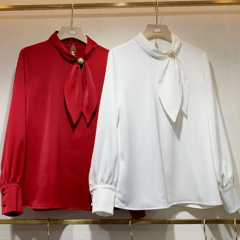 

Zanzea Korean Real Polyester Poplin Full None Solid Puff Sleeve Spring And Autumn Hot Women's Shirt Pearl Tie Women Blusas
