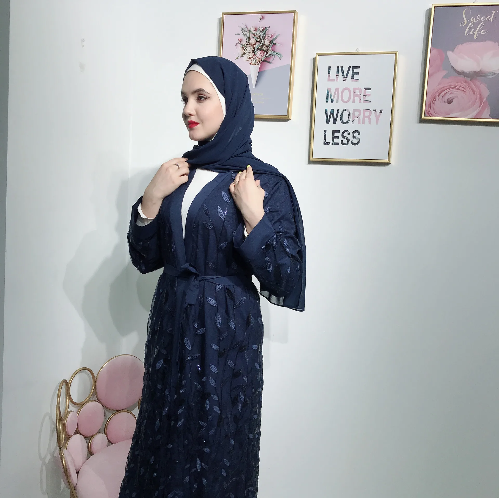 Кимоно с открытой передней частью Abaya Дубай синий черный абайя хиджаб для