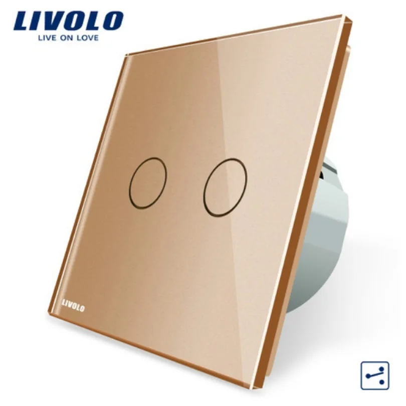 Livolo ЕС стандарт, настенный выключатель, VL-C702S-12, 2 банды 2 способ управления, черный кристалл стеклянная панель, настенный свет сенсорный экран переключатель - Цвет: glod