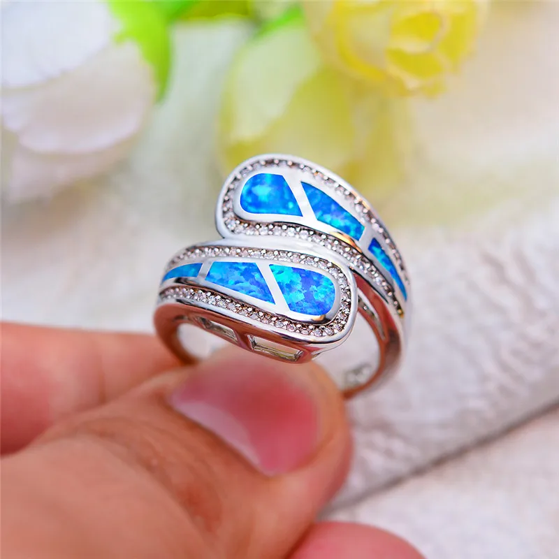 Blue Opal Роскошное женское кольцо с белым и голубым огненным опалом, уникальное 925 пробы Серебряное обручальное кольцо, кольца для помолвки для женщин - Цвет основного камня: Blue Opal