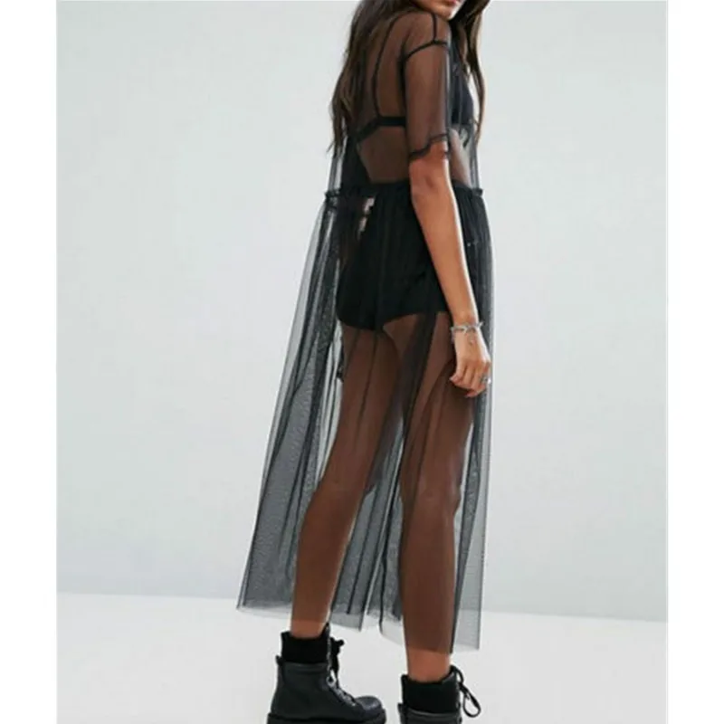 Fashion Women's Mesh Pure Black Transparent Turtleneck Ankle Dress Sexy Perspective Tulle Short Sleeve Beach High Street | Женская