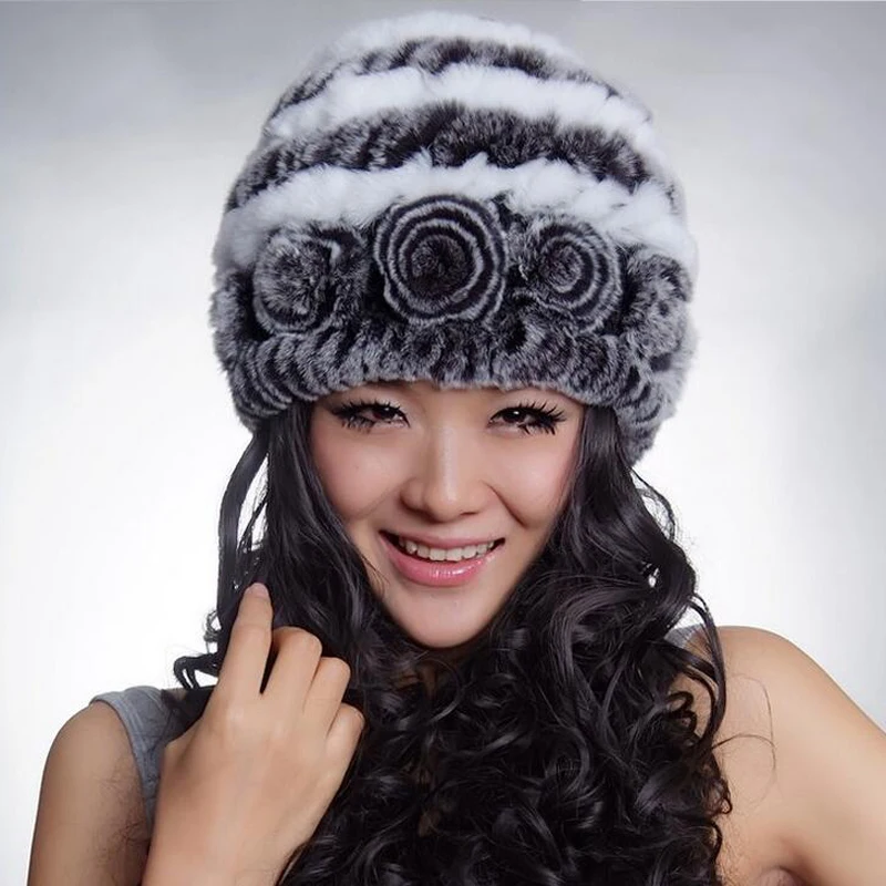 Зимние меховые шапки для женщин Шапка бини из натурального меха кролика рекс с