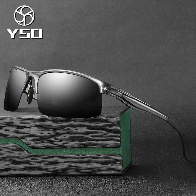 

YSO Sunglasses Men Polarized UV400 Aluminium Magnesium Frame HD Sun Glasses Driving Glasses Semi Rimless Accessory For Men 8580