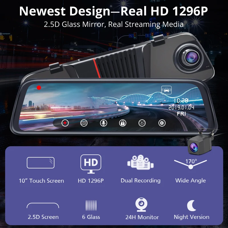 Junsun 10 "IPS сенсорный экран 2.5D FHD 1080P Автомобильный видеорегистратор поток зеркало